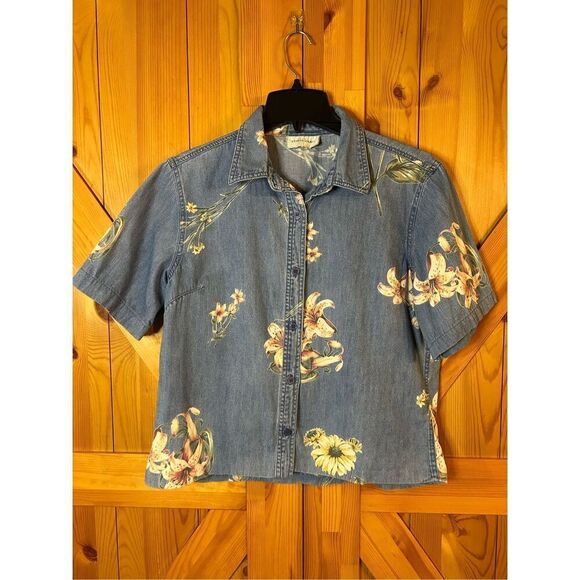 Vtg lemon grass floral denim button front shirt 90s Y2K boho cottagecore Size Me - Picture 1 of 5